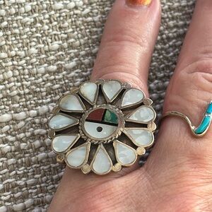 Zuni Multi-Stone Channel Inlay Sterling Silver Sunface Ring, 5 1/4